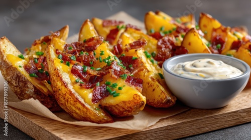 Delicious Loaded Potato Wedges with Cheese Bacon and Creamy Dip