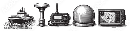 Hand drawn engraving of nautical equipment like a ship, radar, radio and depth finder, ideal for marine, travel or safety purposes.
