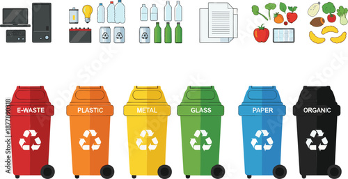 Waste sorting and recycling bin infographic showing electronic plastic metal glass paper and organic waste categories in flat vector illustration