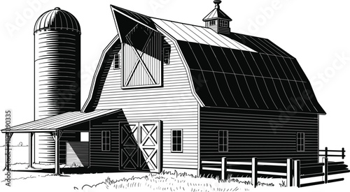 Monochrome barn and silo vector illustration in rural setting depicting agriculture and farming practices classic farm building design with rustic charm and architectural detail ideal for country livi