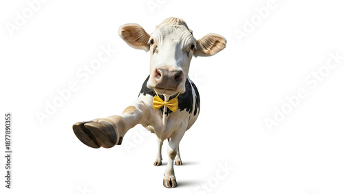 A humorous dairy cow, wearing a vibrant yellow bow tie, playfully lifts its leg, making direct eye contact, isolated on a bright white background