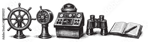 Black and white still life featuring nautical equipment including a ship wheel, binoculars, navigation equipment, and a notebook, ideal for a travel themed design.