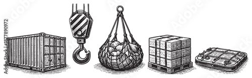 Engraving style illustration of a crane hook, cargo, and container on white background; great for logistics, shipping, and industrial design.