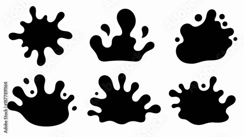 Collection of six dynamic black ink splatters on a clean white background