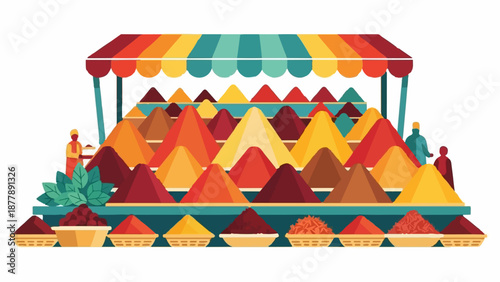 Colorful market stall displaying mounds of spices in various hues