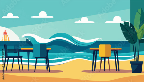 Coastal cafe with tables, chairs, and ocean waves under a cloudy sky