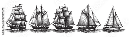 A monochrome illustration features sailing ships with intricate details against a clean white background, perfect for historical designs and nautical themes.