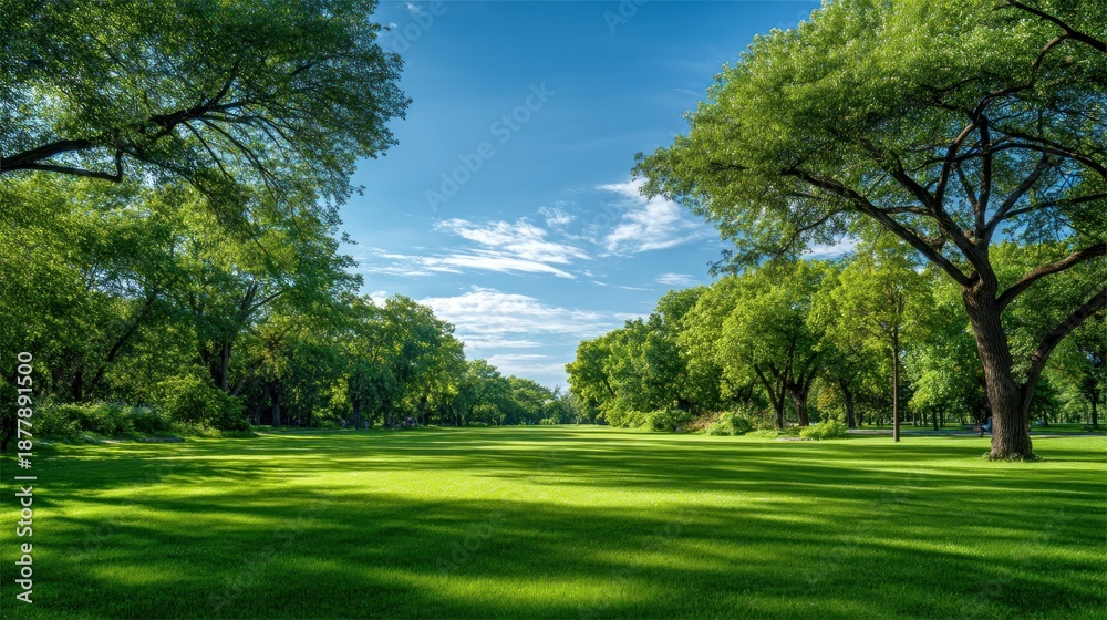 Fototapeta premium Green grass field with trees and a blue sky