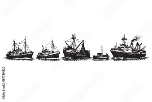 Hand-drawn monochrome illustration of various vintage fishing boats on a white background, perfect for nautical themed designs, historical illustrations or ocean-related graphics.