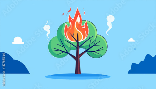 Cartoon tree ablaze with vibrant flames, spewing smoke against a serene blue sky