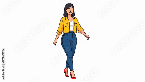 Cartoon woman in yellow jacket and blue jeans walks confidently