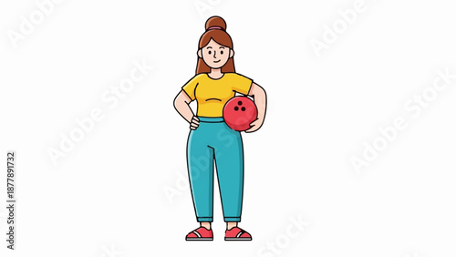Cartoon woman in yellow shirt, teal pants, holding a red bowling ball