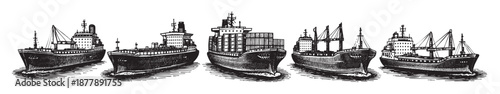 Detailed black and white illustration of five cargo ships on a white background, creating a vintage nautical vibe perfect for designs.
