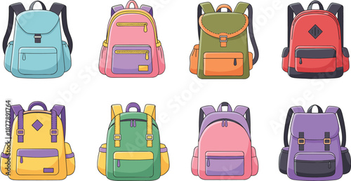 Colorful backpack collection with modern school and travel bags in stylish flat vector illustration