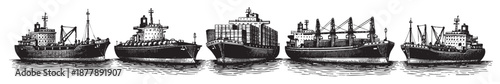 A variety of cargo ships are displayed with a black and white drawing style, creating a vintage nautical illustration for commercial use.