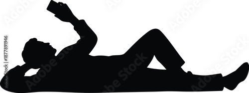 Relaxed man silhouette lying down using mobile smart phone device for communication and entertainment in modern lifestyle isolated concept for technology advertising marketing presentation and social