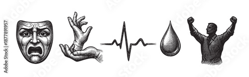 Black and white vintage line art showing a mask, hands, heartbeat line, tear drop and a man with hands raised in victory, showing a range of human experience.