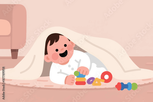 illustration of a small child lying on his stomach with a blanket over him while holding a toy