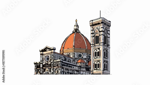 Artistic depiction of a large domed cathedral with an adjacent bell tower