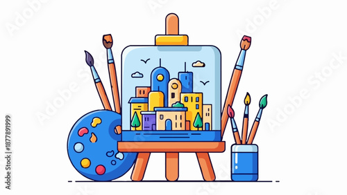 Artistic easel displaying a cityscape painting with brushes and a palette