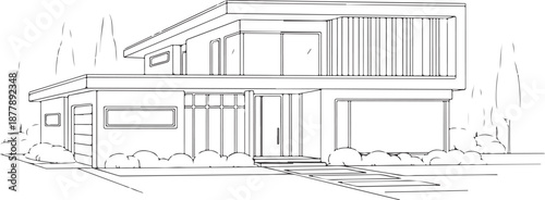 Sleek Modern Home Outline Drawing with Landscaping