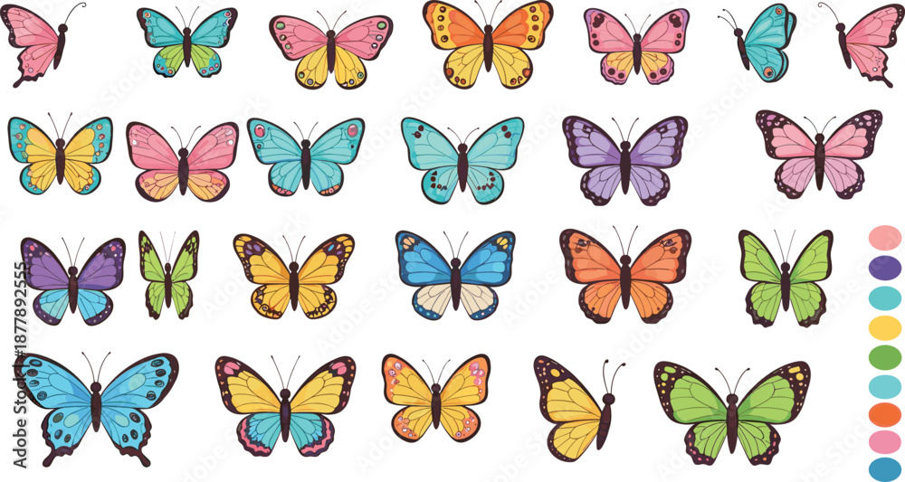 Fototapeta premium Colorful butterfly illustration set with multiple species wings patterns and vibrant designs in detailed flat vector style