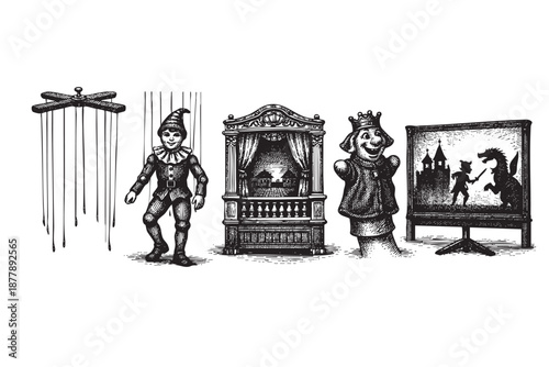 Detailed engraving illustration featuring a marionette, puppet theater, hand puppet, and shadow puppet screen on a white background, perfect for vintage or theatrical designs.