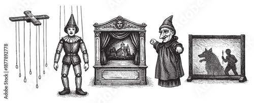 Old-fashioned woodcut style image featuring puppets, a stage, and shadow play, evoking a vintage theatrical atmosphere and suitable for themes of entertainment, storytelling, and arts.