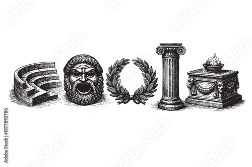 Monochrome engraving featuring Ancient Greek themes: theatre seating, dramatic mask, laurel wreath, classical column, altar fire, all isolated on a white background.