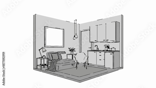 An isometric sketch of a compact living space, combining a cozy seating area with a functional kitchenette