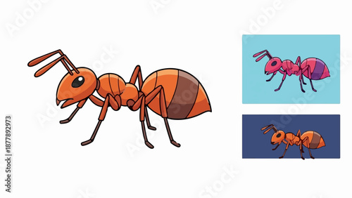 Cartoonish orange ant depicted in profile, with two smaller rectangular panels showing different colored ants