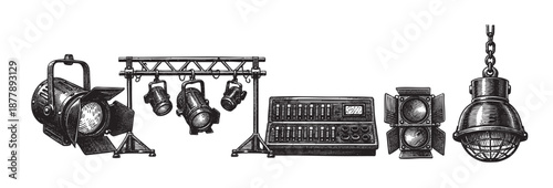 Detailed sketch of various stage lighting equipment, including spotlights, rig, and a mixing console, all rendered in a classic hand-drawn style.