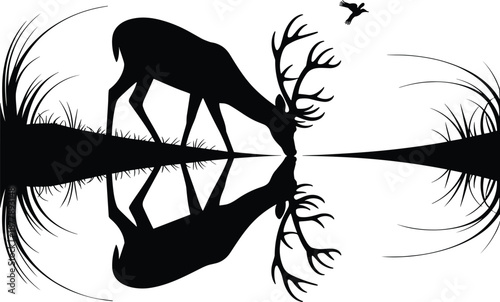 Elegant black silhouette of a deer drinking water with reflection in calm lake with bird flying above peaceful wildlife scene for nature conservation environmental awareness graphic design projects an