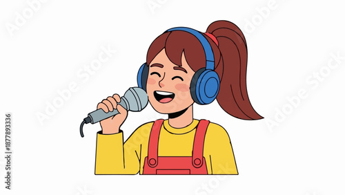 Cartoon girl wearing headphones sings into a microphone with enthusiasm and a broad smile