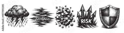 Hand-drawn engraving representing different cybersecurity threats, from data storms to vulnerabilities, and ending with a protective shield, for a concept of digital safety.