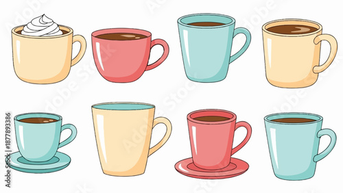 Assortment of colorful ceramic mugs and cups filled with hot beverages and whipped cream