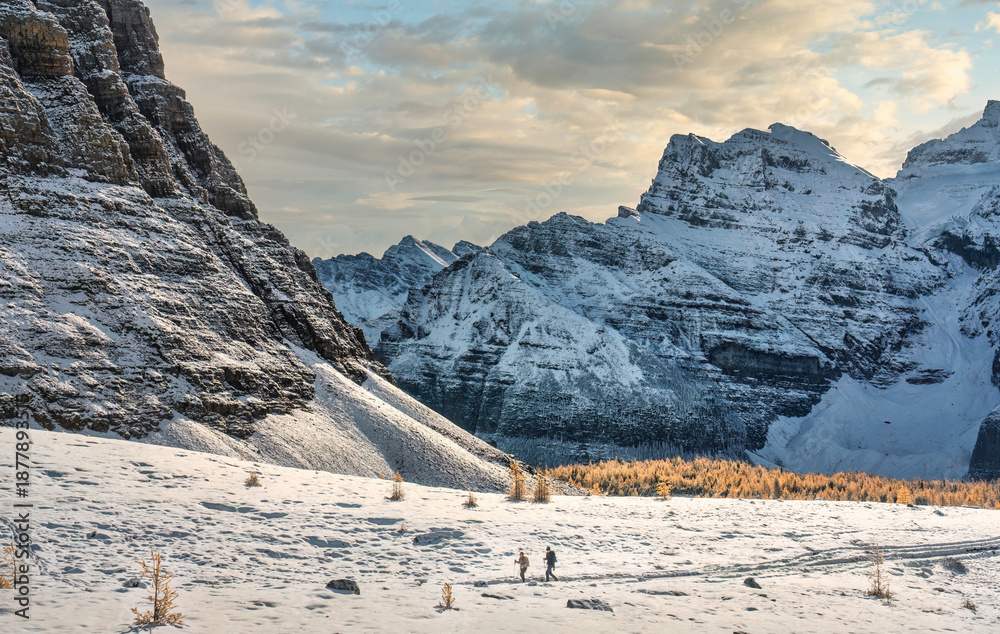 Fototapeta premium Larch Valley in Autumn after snow fall - Canadian Rockies