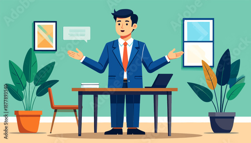 Businessman in blue suit presenting with open hands in an office with plants