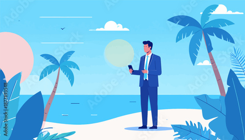 Businessman in suit on tropical beach with palm trees and ocean, holding phone