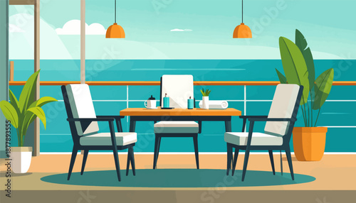 Chairs and table on a balcony overlooking the sea under the sun