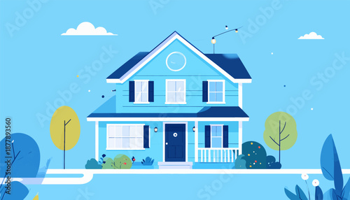 Charming blue two-story house with white trim, porch, and surrounding greenery under a clear sky