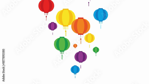 Assortment of colorful, stylized lanterns float against a white backdrop