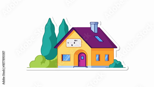 Charming cartoon house with purple roof, yellow walls, and vibrant greenery