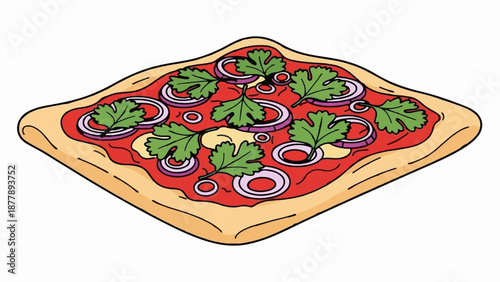 Cartoon illustration of a square pizza with red sauce, cheese, onion rings, and green herb leaves