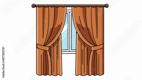 Cartoon illustration of brown curtains parted to reveal a sky blue window