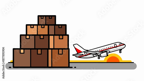 Cargo plane takes off over stacked boxes at sunrise