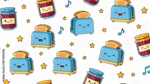 Cheerful breakfast scene with smiling toasters, jam jars, and stars