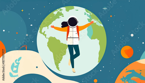 Astronaut embracing Earth with outstretched arms against a cosmic backdrop