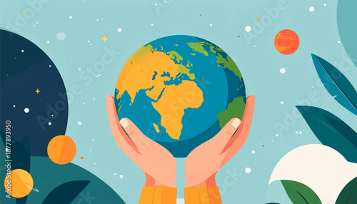 Caring hands cradle Earth amidst stars and celestial bodies, with lush foliage framing the scene