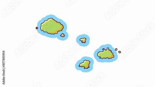 Cartoon islands with blue water and yellow outlines on white